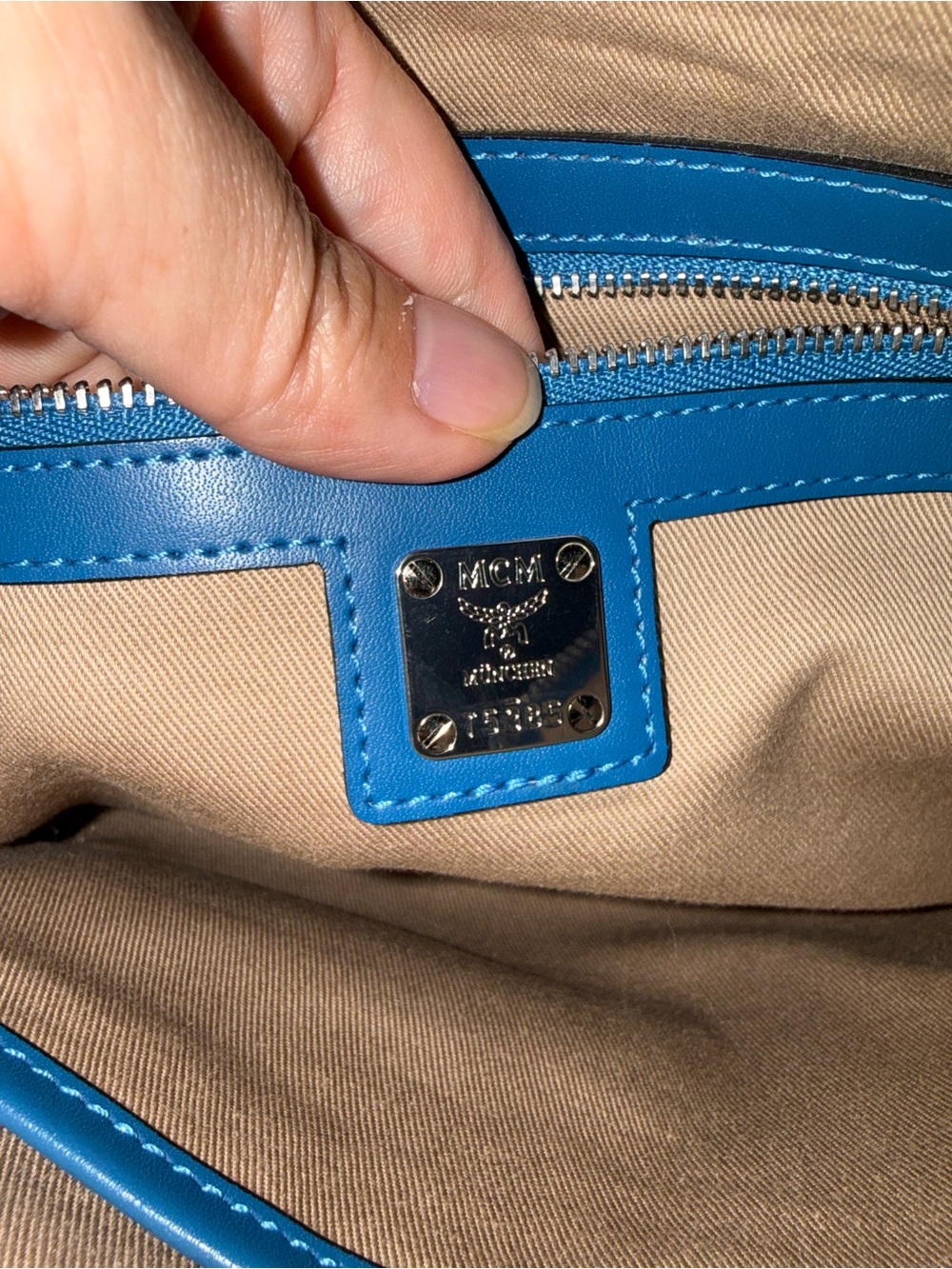 MCM Black Leather Crossbody Pouch with Blue Zip Accent - Picture 7 of 10